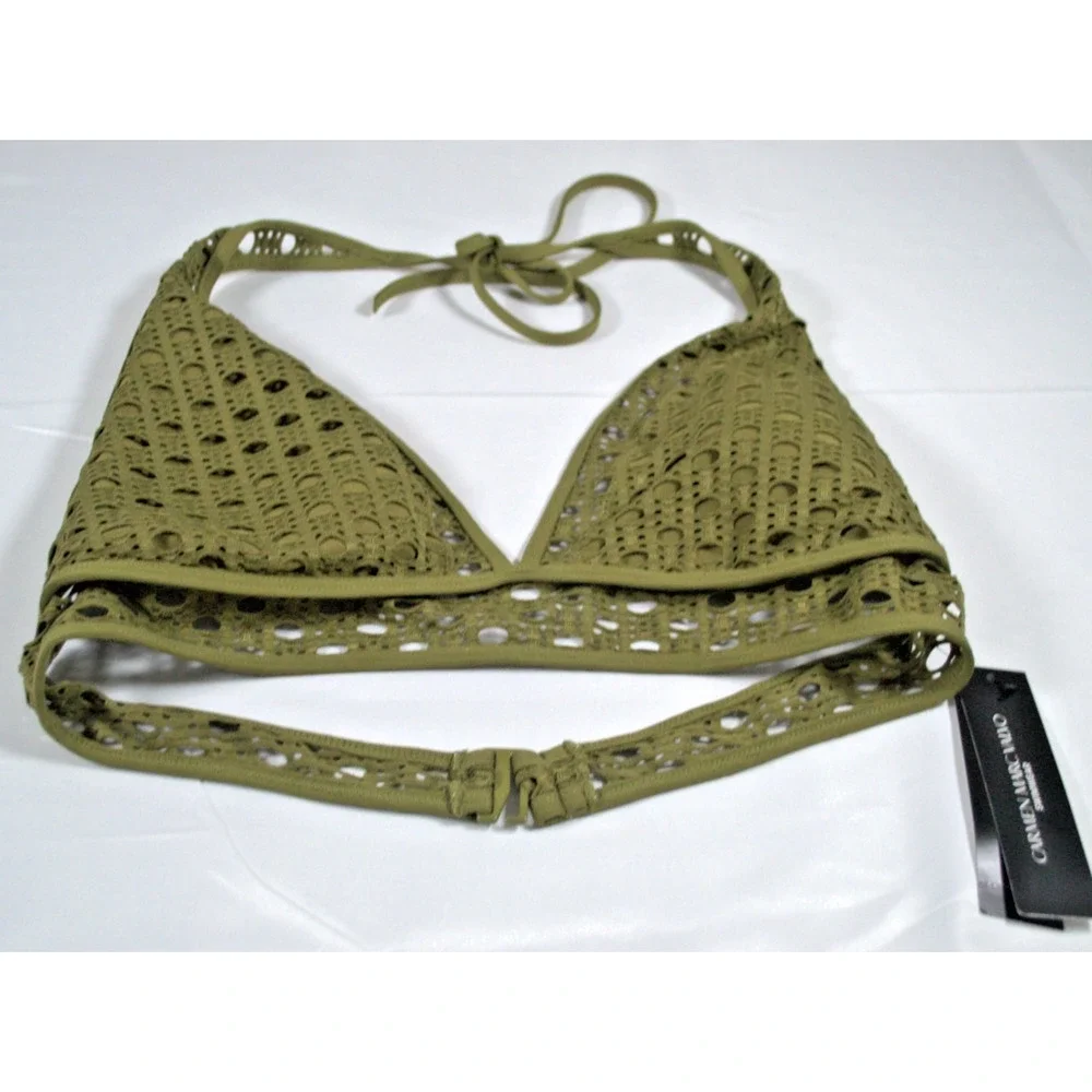 Carmen Marc Valvo Laser Cut Halter Bikini Top Olive Green Size Large NWT